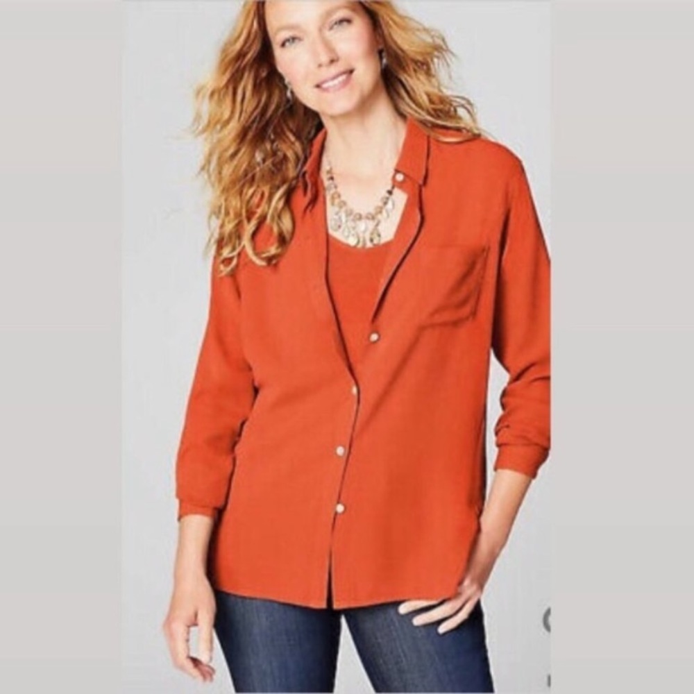 NWT J. Jill Campari Long Sleeve Button Front Blouse in Pumpkin Orange